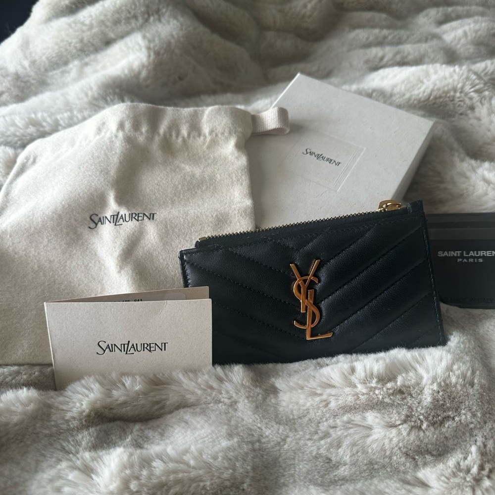 Saint Laurent Black Quilted Credit Card Holder with Gold Logo Lambskin BRAND NEW - Picture 5 of 13